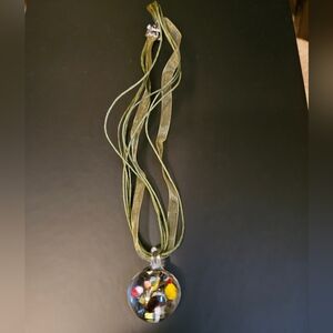 Women's Green Ribbon Glass Orb With Mushroom Pendant Necklace